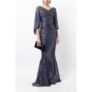 Talbot Runhof Doris Metallic Voile Draped Cape Gown Dress Blue Silver Size 2 New